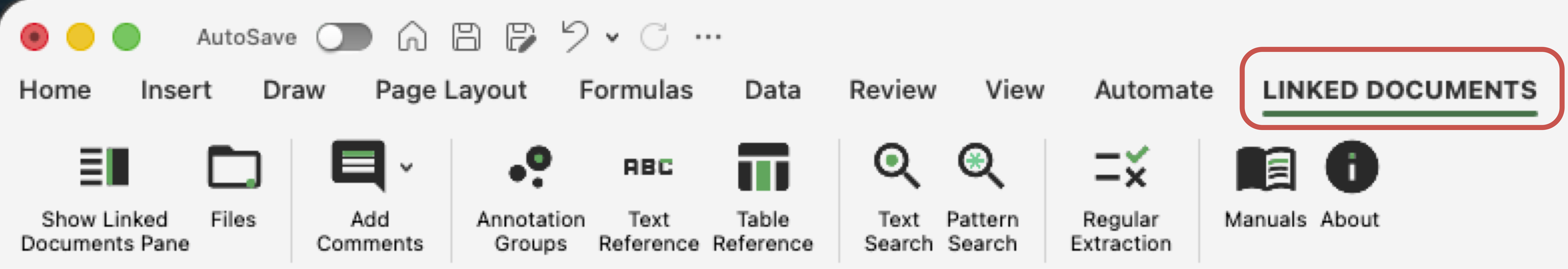 Excel ribbon showing the Linked Documents tab and its command buttons