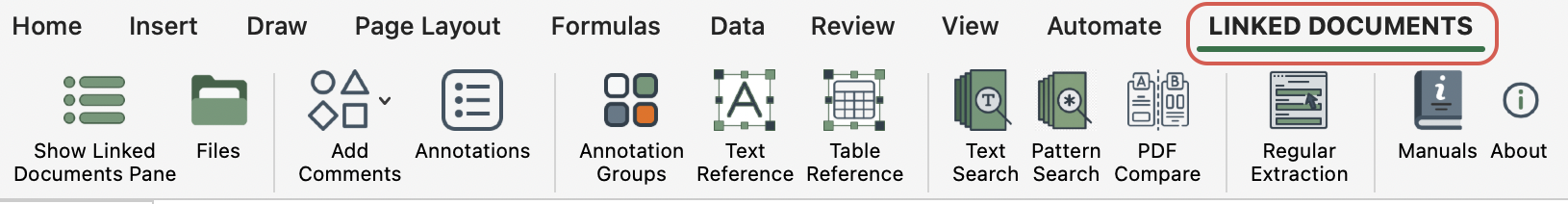 Excel ribbon showing the Linked Documents tab and its command buttons