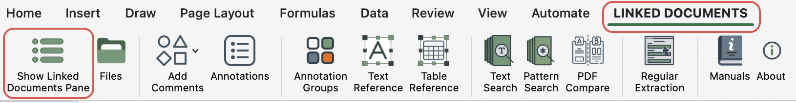 Excel ribbon showing the Linked Documents tab and its command buttons