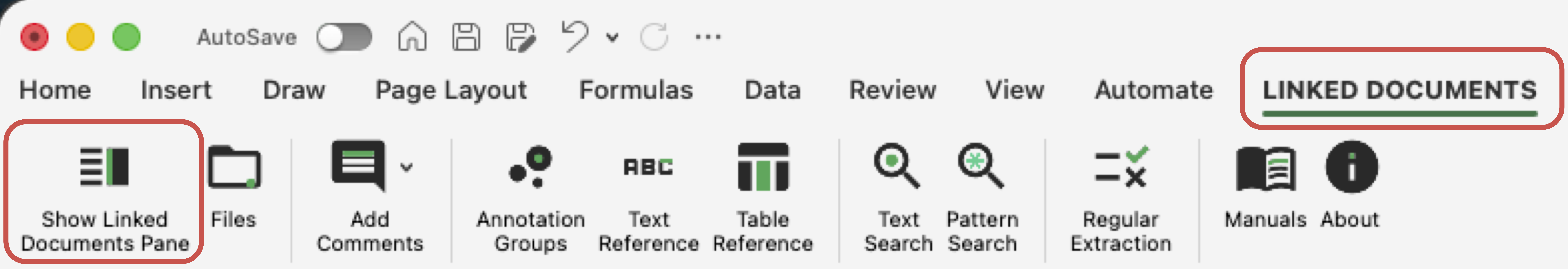 Excel ribbon showing the Linked Documents tab and its command buttons